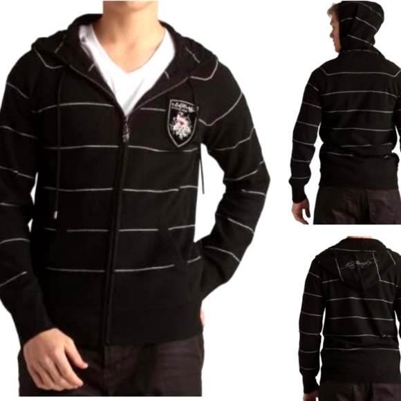Nwt Ed Hardy Striped Zip Up Hoodie Sweater Wool Love Kills Slowly Skeleton Patch - Picture 1 of 9